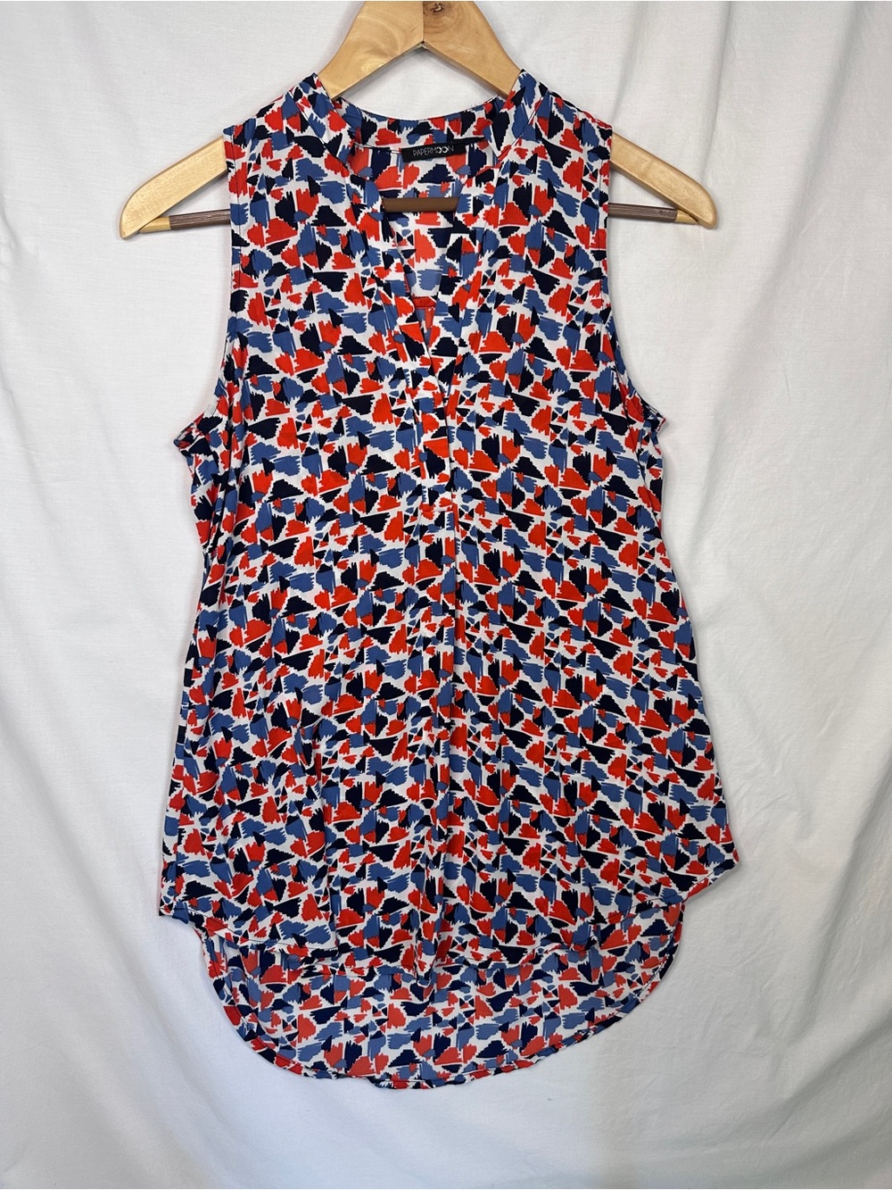 Papermoon Sleeveless V-Neck Blouse in Red, Navy & White Geometric Print